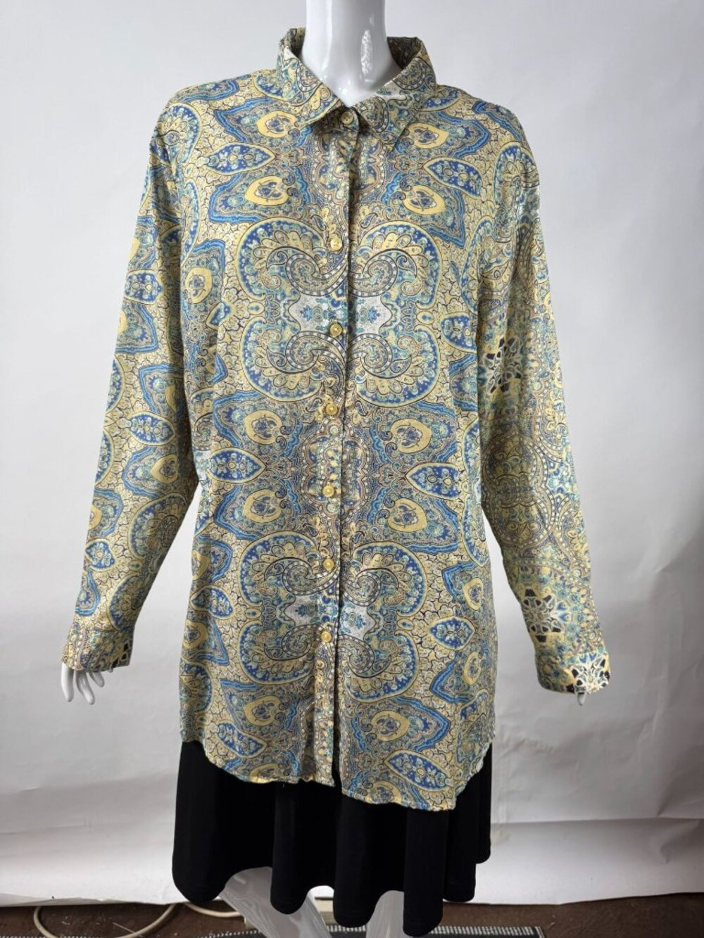 Coldwater Creek Womens Button-Up Shirt 2X Paisley Print 100% Cotton Yellow & Blu